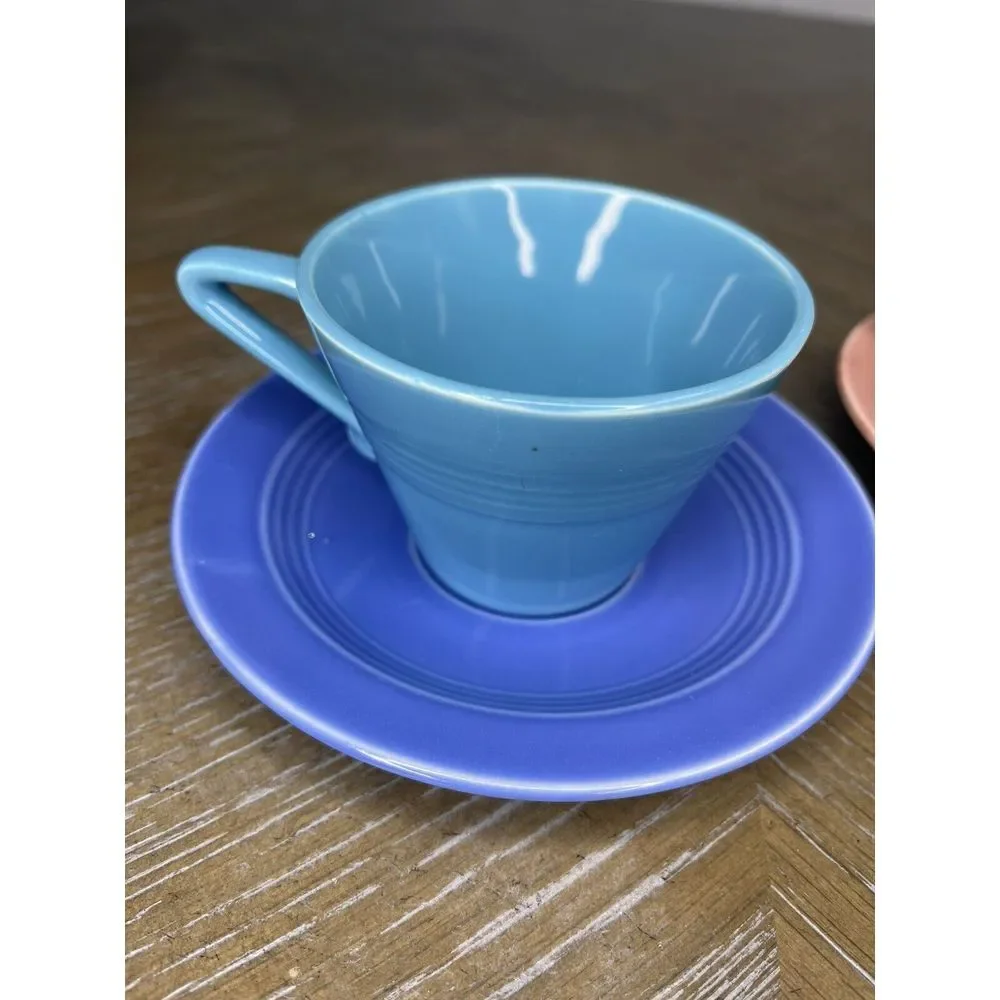 Homer Laughlin China - Harlequin 4 Cups 3‎ Saucers - Chartreuse Yellow Blue Rose